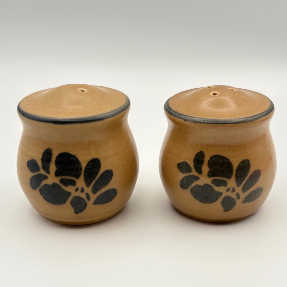 Vintage Pfaltzgraff Folk Art Salt and Pepper Shakers Tan Blue Floral Stoneware